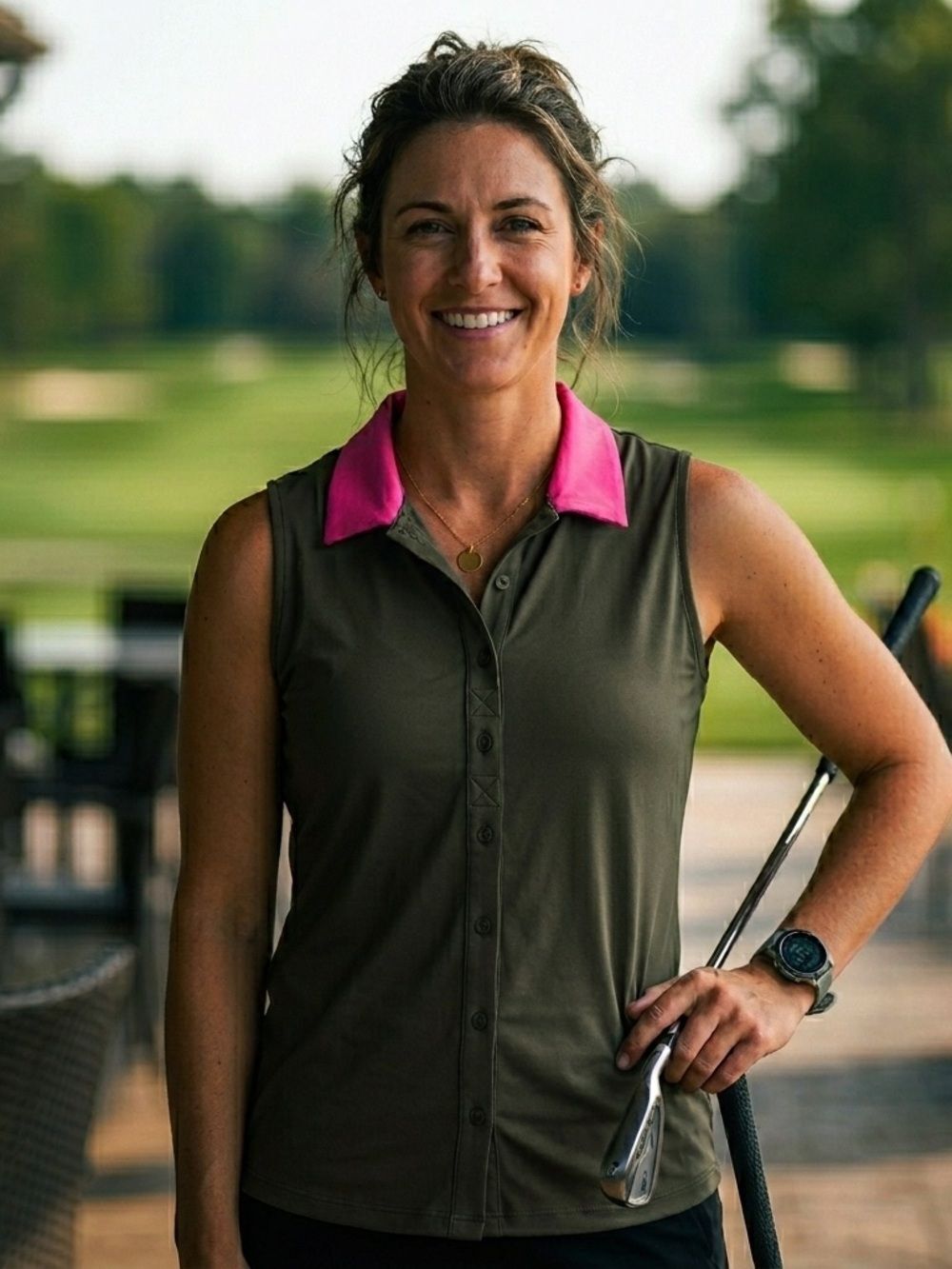 Belyn Key Olive Green Sleeveless Top with Pink Contrast Collar